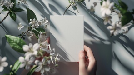 3D Two hands holding a square white blank black cardboard of paper with a white sakura flower branch background. Top view 3D mockup flat greeting card - Powered by Adobe