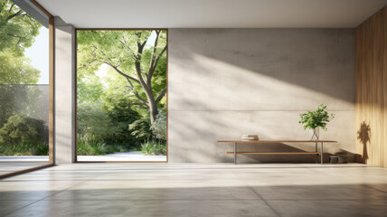 Modern contemporary empty hall with nature view render overlooking the living behind the room  concrete floors, plank ceilings  blank white walls for copy space, sunlight