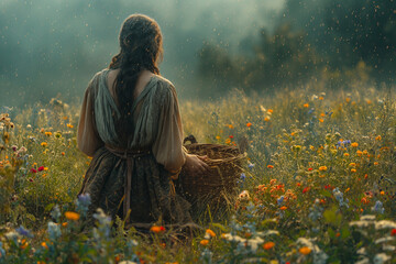 The Herbalist's Tranquil Morning Gathering Amidst Dew-Kissed Wildflowers in the Meadow - obrazy, fototapety, plakaty