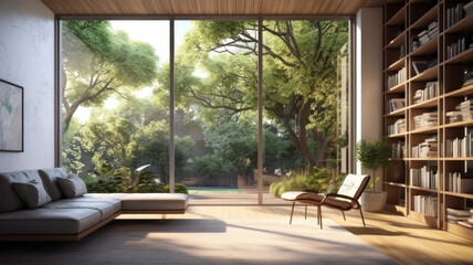 Modern interior space with nature view large window look out to see the garden view,sunlight shining into the room
