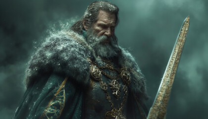 Aged King in Fur Coat with Frosty Mantle and Sword