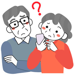 スマホの使い方が分からず困っているシニア夫婦のイラスト