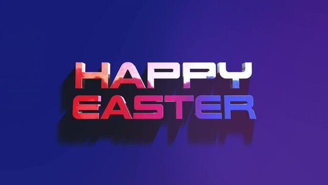 A vibrant 3D text in purple and pink exclaims Happy Easter against a stunning gradient background, featuring shades of deep blue
