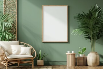 Mockup frame close up in green living room interior background with wooden rattan furniture