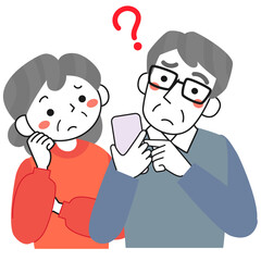 スマホの使い方が分からず困っているシニア夫婦のイラスト