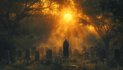 Man in a Black Cloak at the Celtic Cemetery - obrazy, fototapety, plakaty