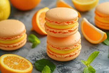 Citrus Macaron cookies sweet pastry with orange and lemon stock photo 
