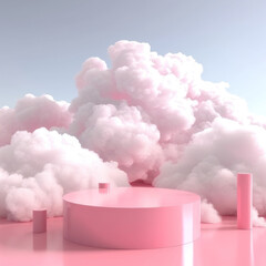 Minimalist Cloud Scene 3D pink Render with Podium and Clouds for Product Display