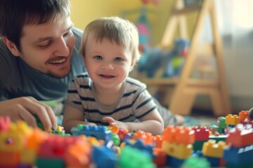 Cute little boy and his dad playing together with toys. 