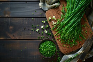 Cut Green onions chives on a cutting board. Dark wooden background  - obrazy, fototapety, plakaty