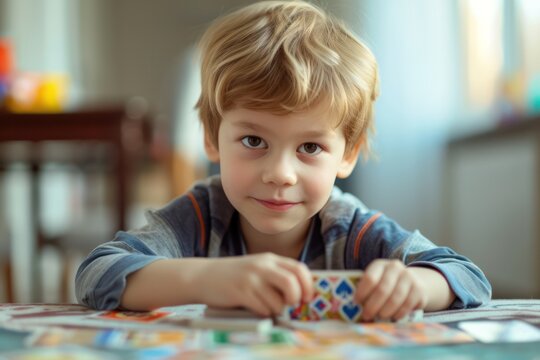 Cute little curious boy playing with play cards.