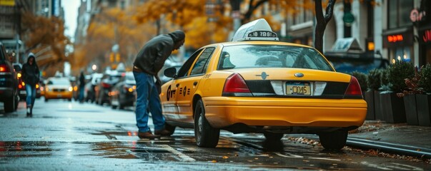 Detail of yellow cab in big city. Yellow taxi transport car in autumn new york. - obrazy, fototapety, plakaty
