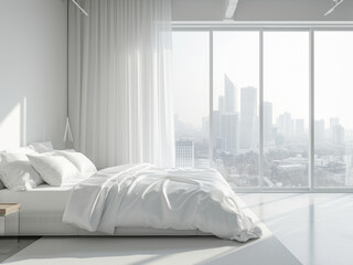 Minimal white bedroom with city view, composition with white furniture, plant and a large windows...