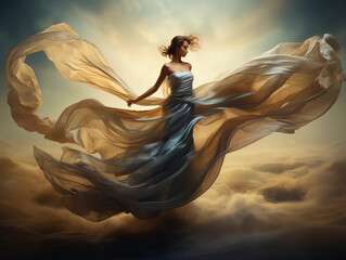 Picture of woman in waving dress with flying fabric 