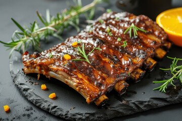 Delicious fresh baked pork ribs with orange on a black plate. Delicious healthy food