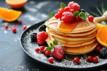 Delicious fresh beautiful pancakes with citrus honey and jam. Delicious hot breakfast with pancakes with fruit and berries