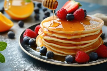 Delicious fresh beautiful pancakes with citrus honey and jam. Delicious hot breakfast with pancakes with fruit and berries