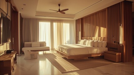 Luxury Bedroom in a modern house. Rooms with wooden floors, decorate with light white fabric bed