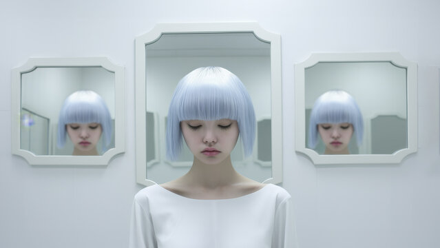 A surreal image of a woman in a room full of mirrors. She has short blue hair.