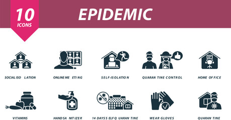 Epidemic icons set. Creative icons: social isolation, online meeting, self-isolation, quarantine control, home office, vitamins, hand sanitizer, 14 days self quarantine, wear gloves, quarantine.