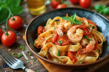 Delicious fresh pasta with tomatoes, shrimp and spices. Italian cuisine 