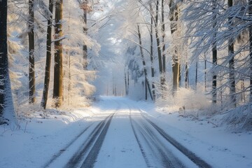 Drive through a snowy forest in the wintertime.