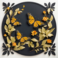 3D butterflies gracefully flutter among blossoms in this retro-styled illustration.