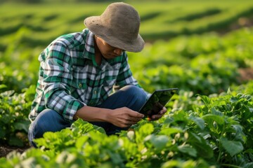 Farm worker using digital tablet to check quality of the crops. 