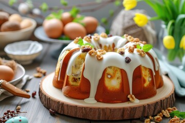 Obraz premium Festive cakes with white glaze, nuts and raisins on the festive table. Preparations for Easter 