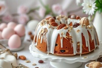 Festive cakes with white glaze, nuts and raisins on the festive table. Preparations for Easter 