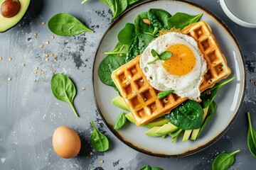 Fresh delicious and nutritious breakfast with waffles with spinach, fried egg and avocado pieces 