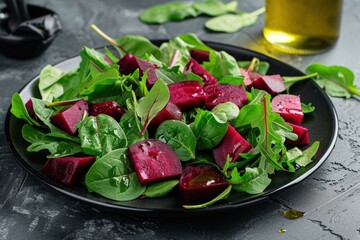 Fresh delicious salad with sleeves, spinach and beet leaves with olive oil on a black plate. Tasty healthy food 