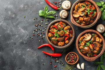 Fresh delicious spicy canned mushrooms with spices and herbs in ceramic dishes on a dark concrete background 