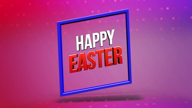 Colorful Happy Easter banner featuring red and blue letters on a purple background, housed within a white-bordered rectangular frame. Celebrate the vibrant spirit of the Easter holiday