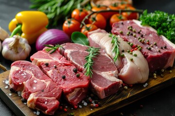 Fresh juicy steak of beef, pork and chicken with vegetables ready to cook. Steaks from different varieties of meat prepared for cooking 