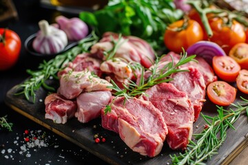 Fresh juicy steak of beef, pork and chicken with vegetables ready to cook. Steaks from different varieties of meat prepared for cooking