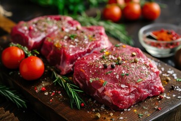 Fresh raw beef meat to make delicious juicy steak with spices and herbs. Preparation for grilled meat 