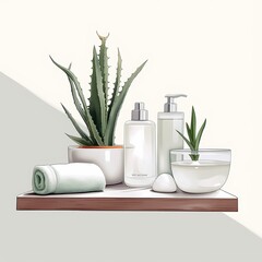 Bathroom Shelf with Aloe Plants and Skincare Products