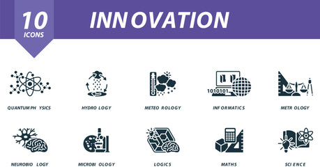 Innovation icons set. Creative icons: quantum physics, hydrology, meteorology, informatics, metrology, neurobiology, microbiology, logics, maths, science.