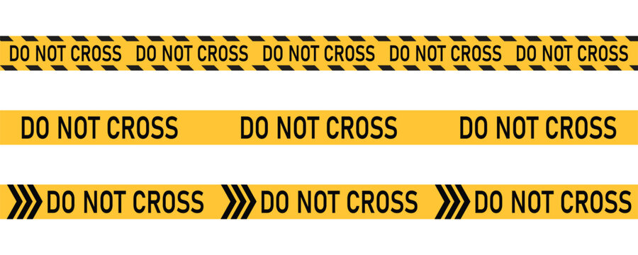 yellow tape with black stripes and text "do not cross" isolated on transparent background. vector template of warning, caution ribbon for construction works, hazard area or crime scene