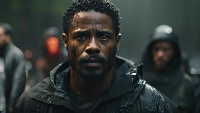 A proud African American man stands openly arms at his sides in an unmistakable expression of firm selfexpression. His determined gaze