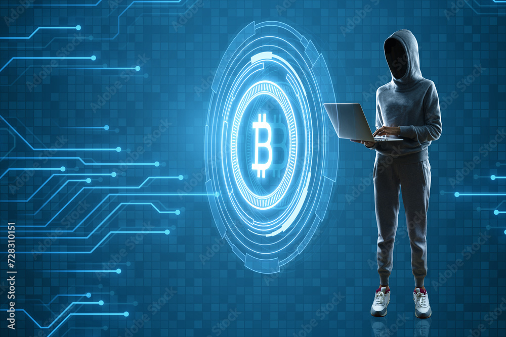 Poster hacker in hoodie using laptop with creative glowing crypto coins on dark blue background with circui