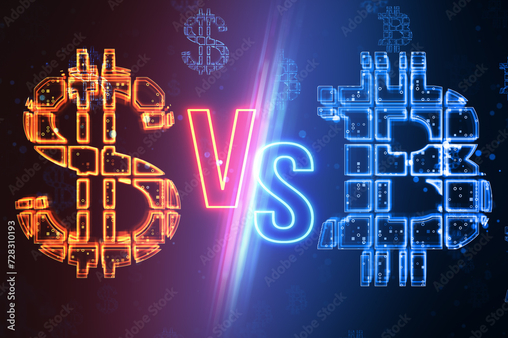 Poster cyberpunk vs with digital dollar and bitcoin signs, neon glow in red and blue hues. 3d rendering