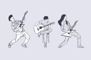 Fototapeta na wymiar Set of outline illustrations of man playing guitar