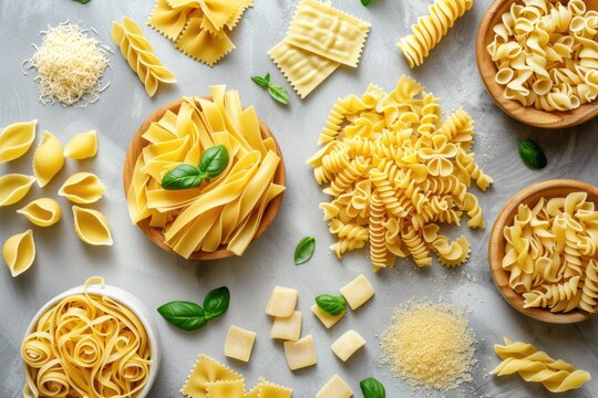 Layout of Italian raw pasta, top view, different types and shapes of pasta