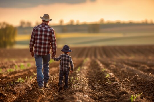 Little boy and his farmer dad on a agriculture field. 