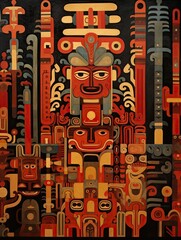 Ancient Aztec Murals: Abstract Landscape with Interpretive Tribal Patterns