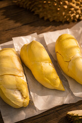 Ripe Durian special selectedcondition,on wood background. Durian fruit on a wooden table Fresh durian tasty durian in Thailand.