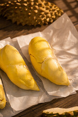 Ripe Durian special selectedcondition,on wood background. Durian fruit on a wooden table Fresh durian tasty durian in Thailand.