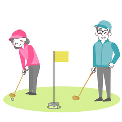 グラウンドゴルフを楽しむシニア女性とシニア男性